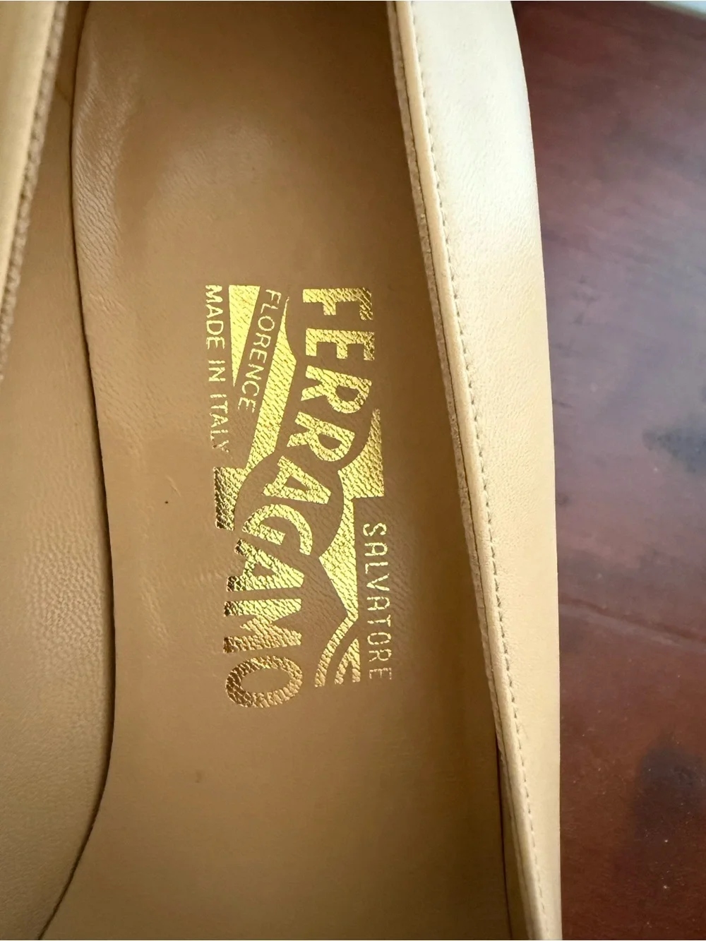 Salvatore Ferragamo Beige Leather Flats with Black Patent Toe - Picture 2 of 11